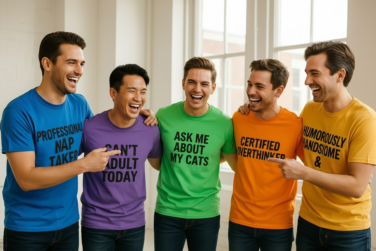 a group of friends laughing at each others shirts. The shirts have text only movie quotes