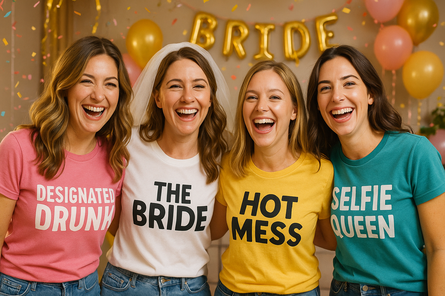 a group of woman at a stagette wearing funny shirts describing themselves